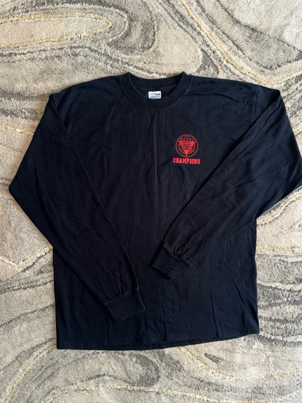 Black Long-Sleeve Crewneck Shirt with Red Champion Graphic